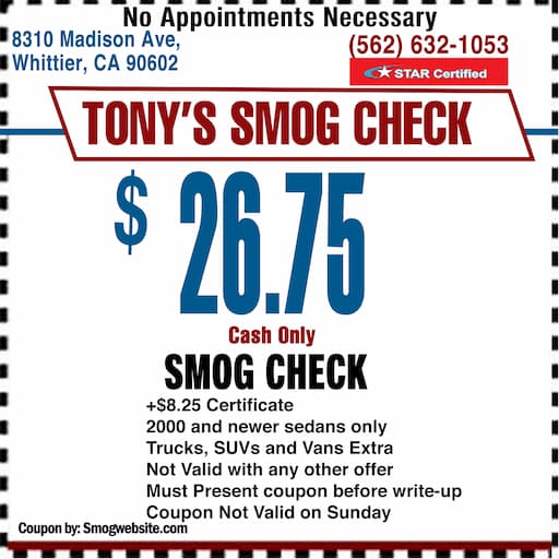 Tony's Smog smog check coupon